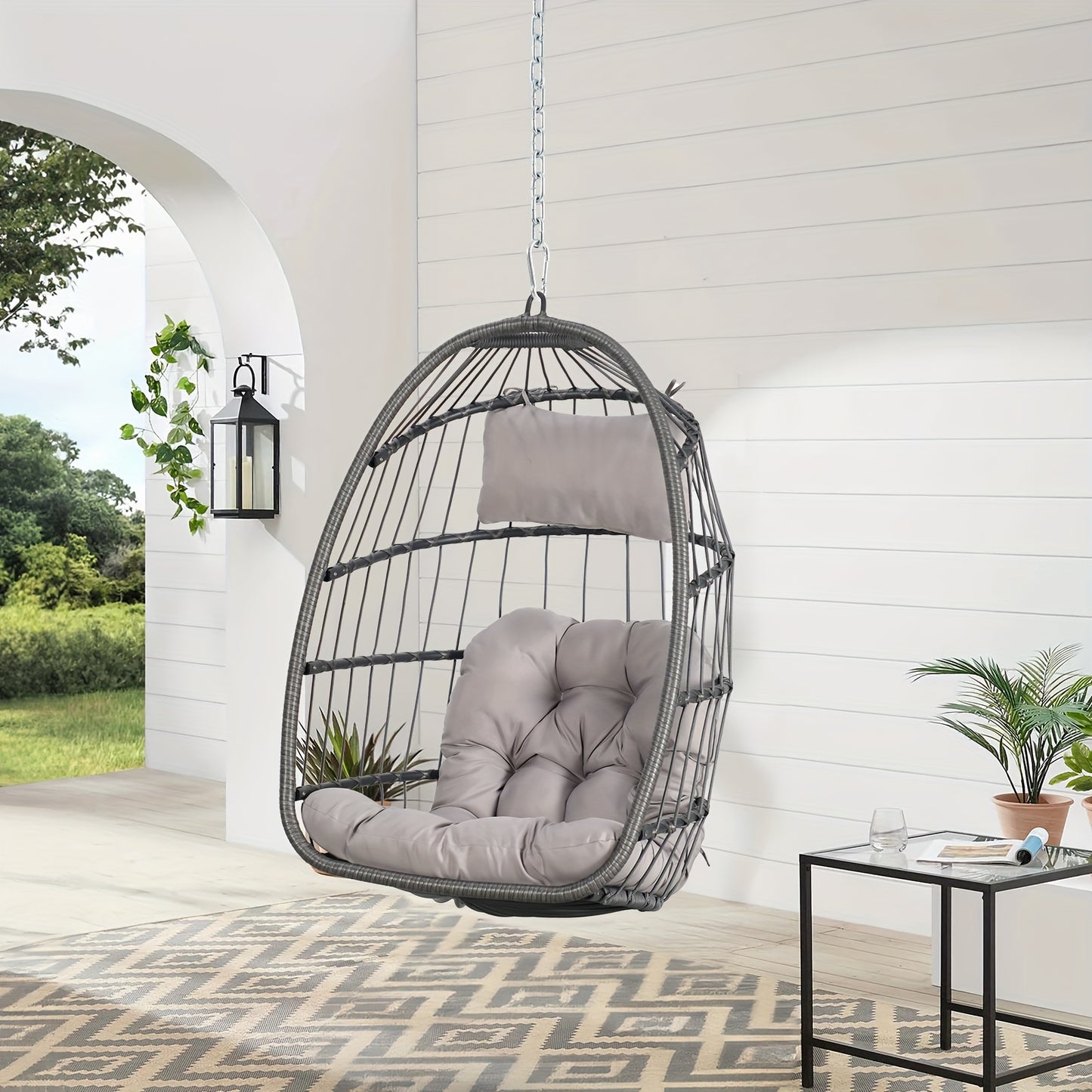 Indoor Outdoor Egg Swing Chair, Patio Wicker Rattan Hanging Chair w/Cushion