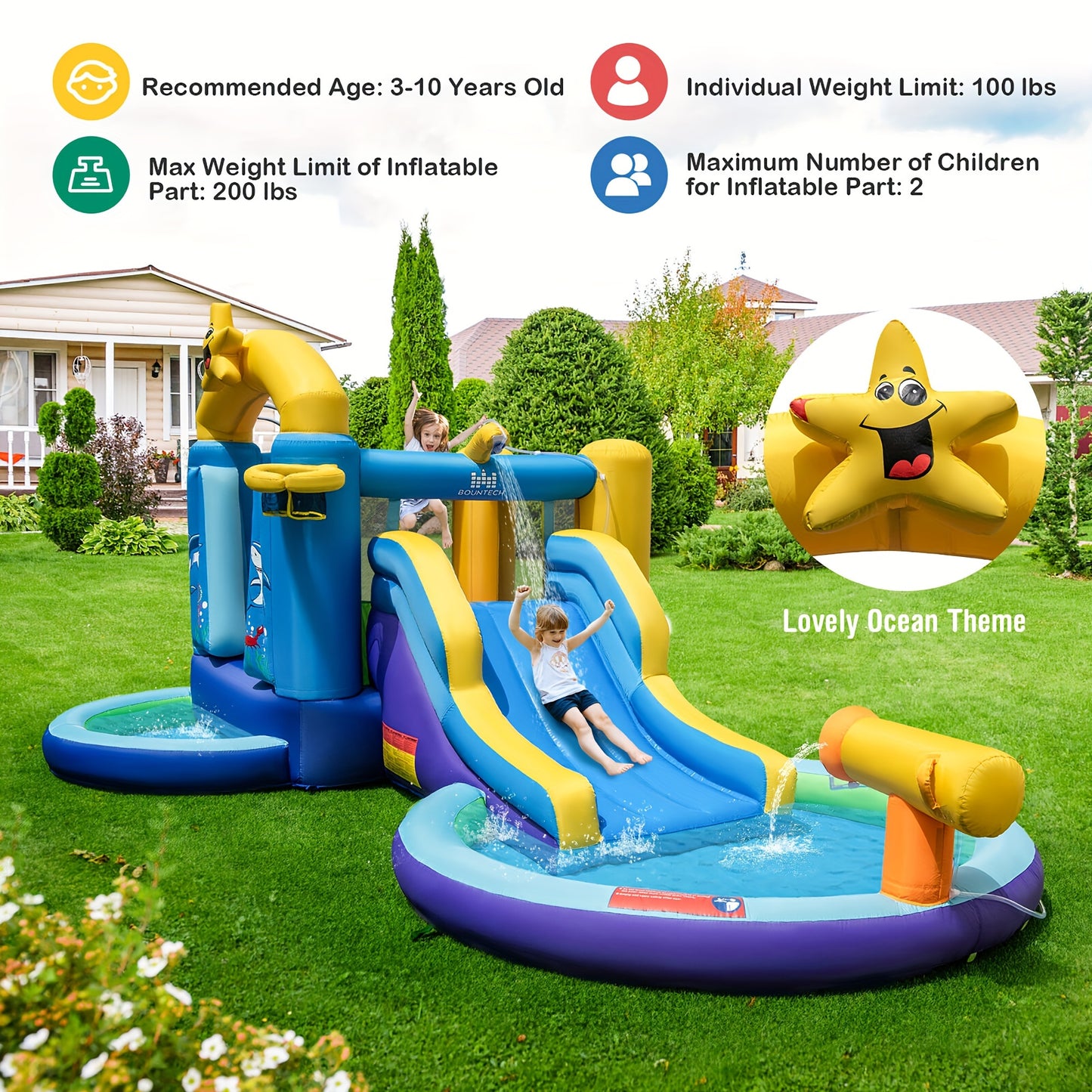 Inflatable Water Slide Park Bounce Castle with 50 Ocean Balls & 735W Blower