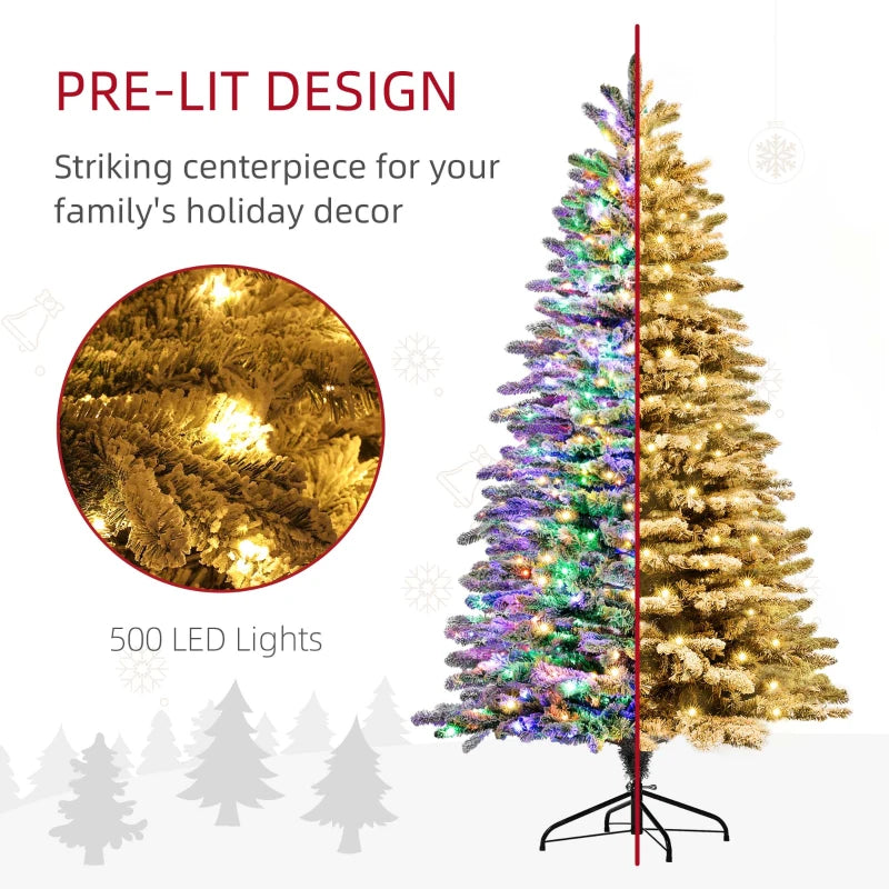 Snow Flocked Artificial Christmas Tree, Pre-Lit Christmas Tree with 500 LED Lights and 1264 Branch Tips, Green