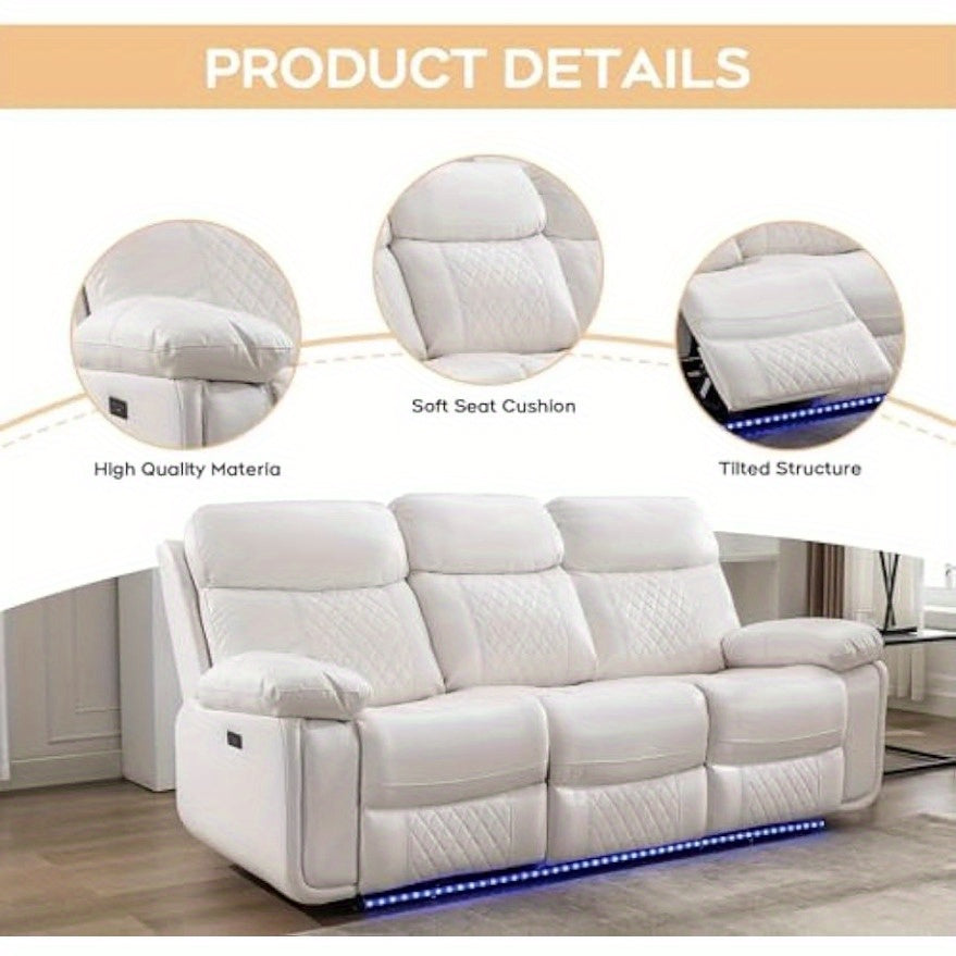 Living Room Furniture Set Leather Recliner Sectional Couches Comfy Couch Power Loveseat Chair Home Sofa Sets with Bass Speaker LED Light, Storage Console, USB Port, White