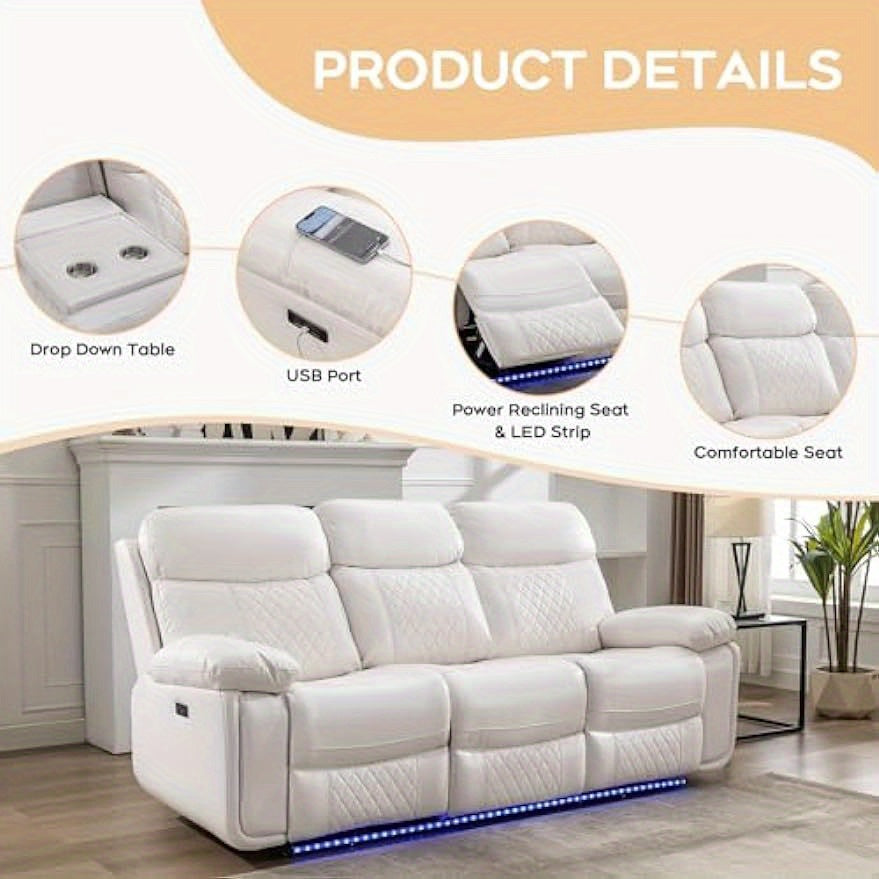 Living Room Furniture Set Leather Recliner Sectional Couches Comfy Couch Power Loveseat Chair Home Sofa Sets with Bass Speaker LED Light, Storage Console, USB Port, White