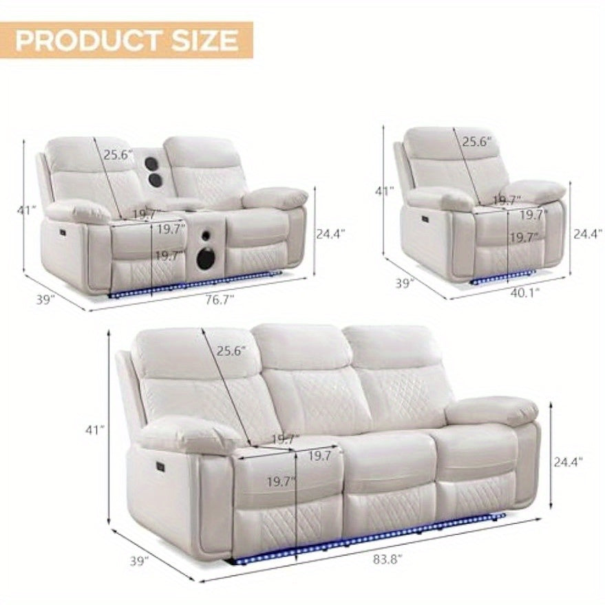 Living Room Furniture Set Leather Recliner Sectional Couches Comfy Couch Power Loveseat Chair Home Sofa Sets with Bass Speaker LED Light, Storage Console, USB Port, White