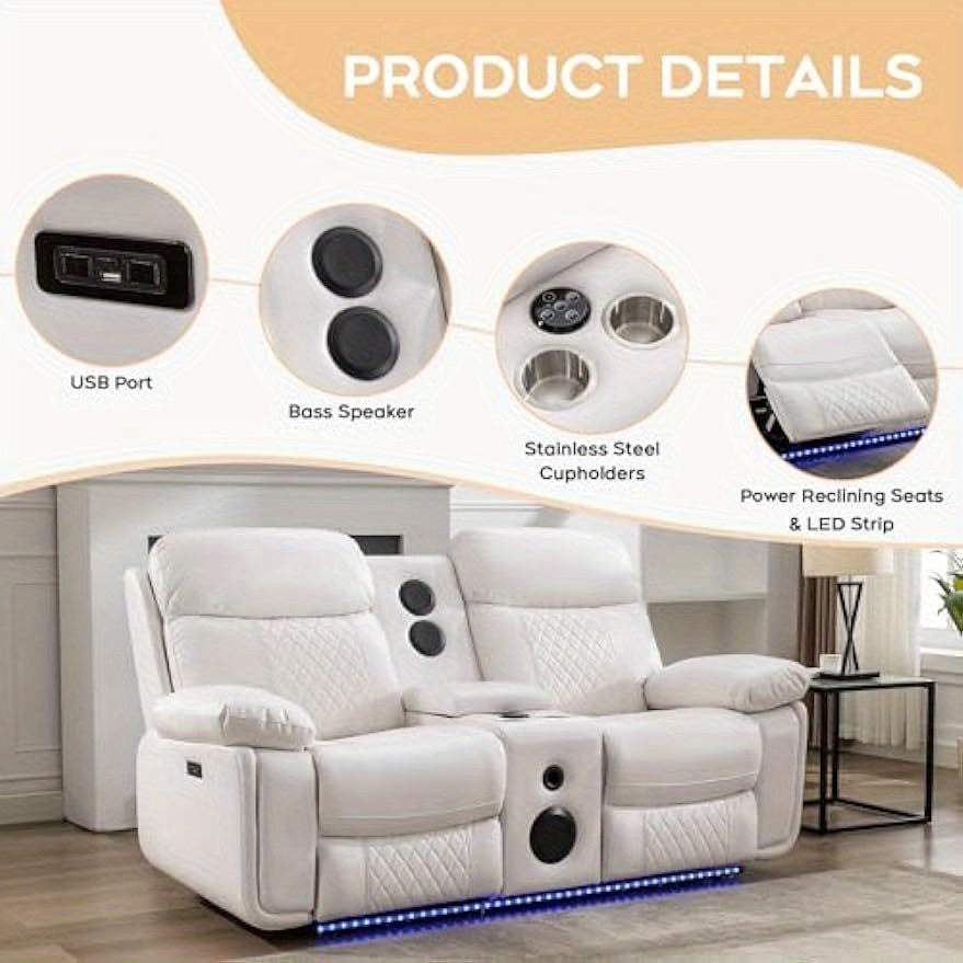 Living Room Furniture Set Leather Recliner Sectional Couches Comfy Couch Power Loveseat Chair Home Sofa Sets with Bass Speaker LED Light, Storage Console, USB Port, White