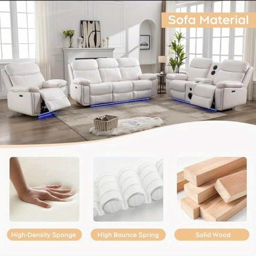 Living Room Furniture Set Leather Recliner Sectional Couches Comfy Couch Power Loveseat Chair Home Sofa Sets with Bass Speaker LED Light, Storage Console, USB Port, White