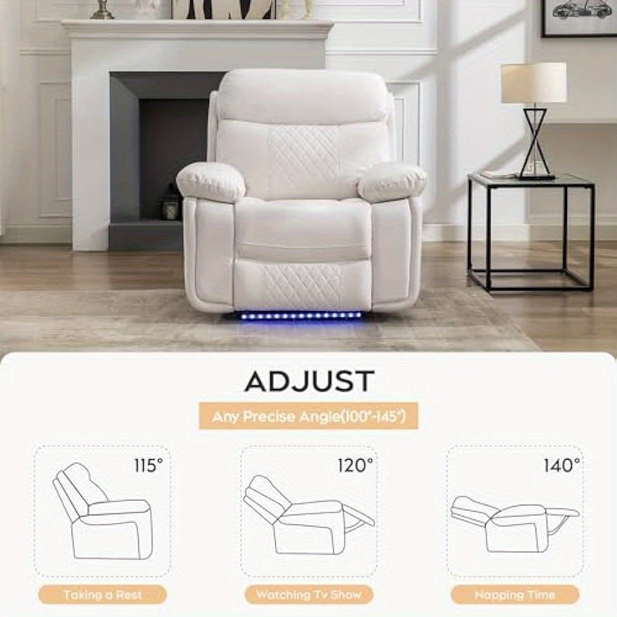 Living Room Furniture Set Leather Recliner Sectional Couches Comfy Couch Power Loveseat Chair Home Sofa Sets with Bass Speaker LED Light, Storage Console, USB Port, White