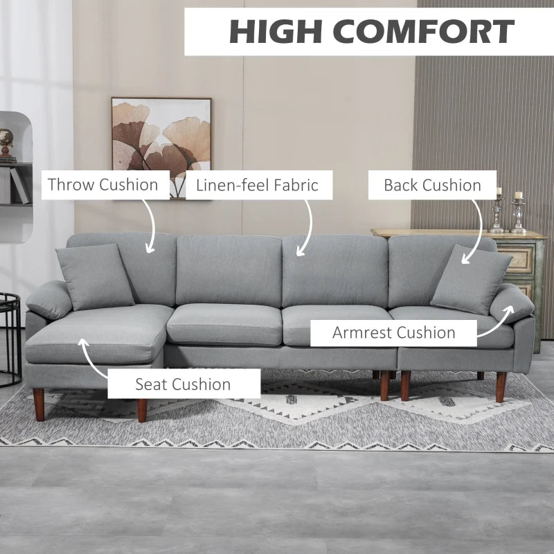 L Shape Sofa, Modern Sectional Couch with Reversible Chaise Lounge, Pillows and Wooden Legs for Living Room