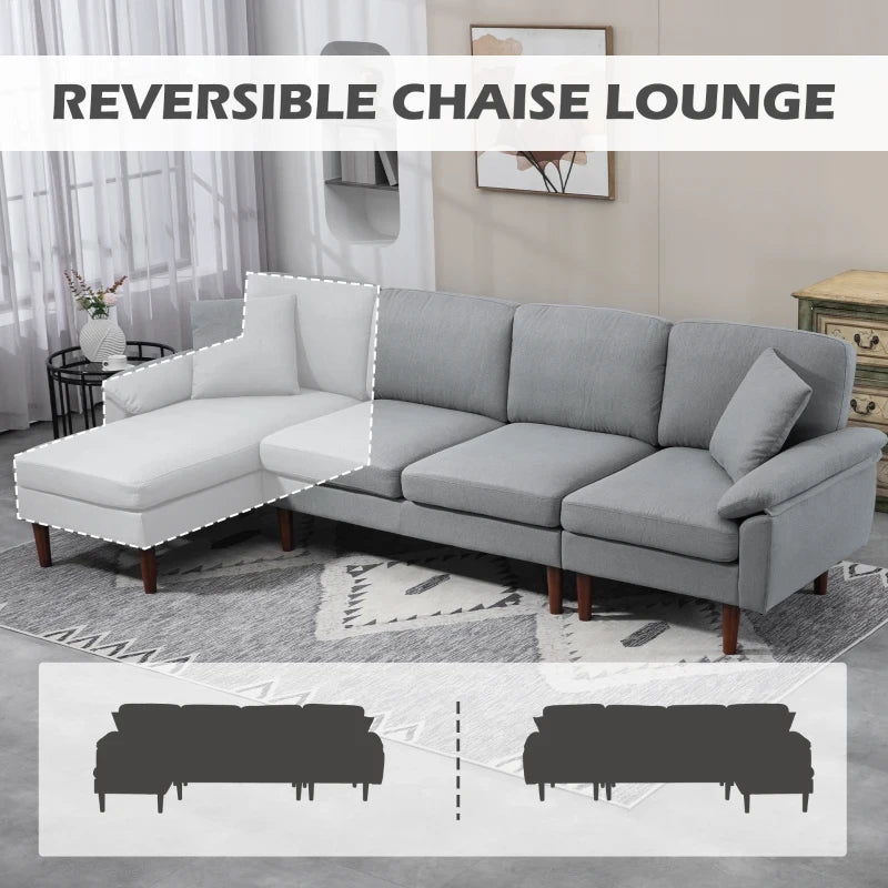 L Shape Sofa, Modern Sectional Couch with Reversible Chaise Lounge, Pillows and Wooden Legs for Living Room