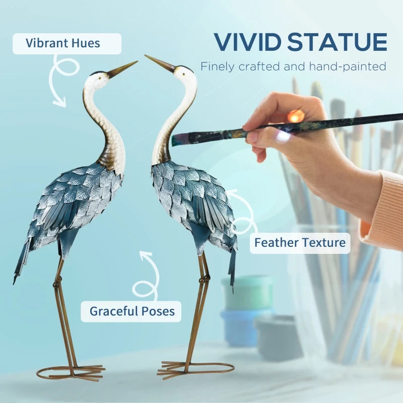 Crane Garden Statues, 28.5" & 29" Standing Bird Sculptures, Metal Yard Art Decor, Landscape Decoration Set of 2, Blue