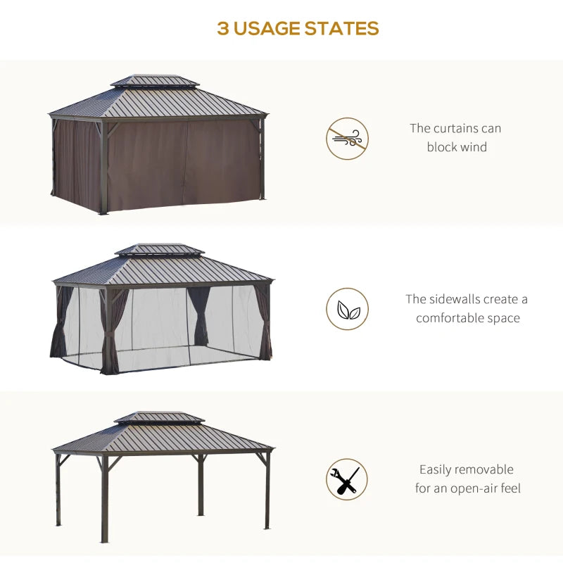 12' x 16' Hardtop Gazebo with Curtains and Netting, Permanent Pavilion Metal Double Roof Gazebo Canopy with Aluminum Frame and Hooks, for Garden, Patio, Backyard, Brown