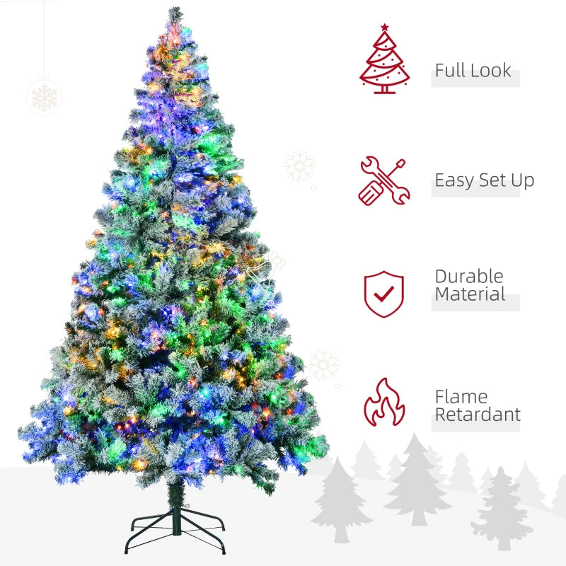 7.5' Artificial Snow Christmas Trees with Frosted Branches, Warm White or Colorful LED Lights, Steel Base