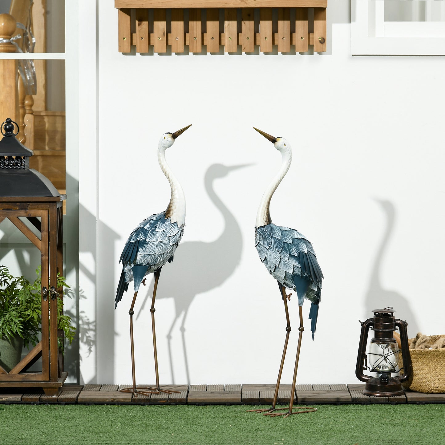 Crane Garden Statues, 28.5" & 29" Standing Bird Sculptures, Metal Yard Art Decor, Landscape Decoration Set of 2, Blue