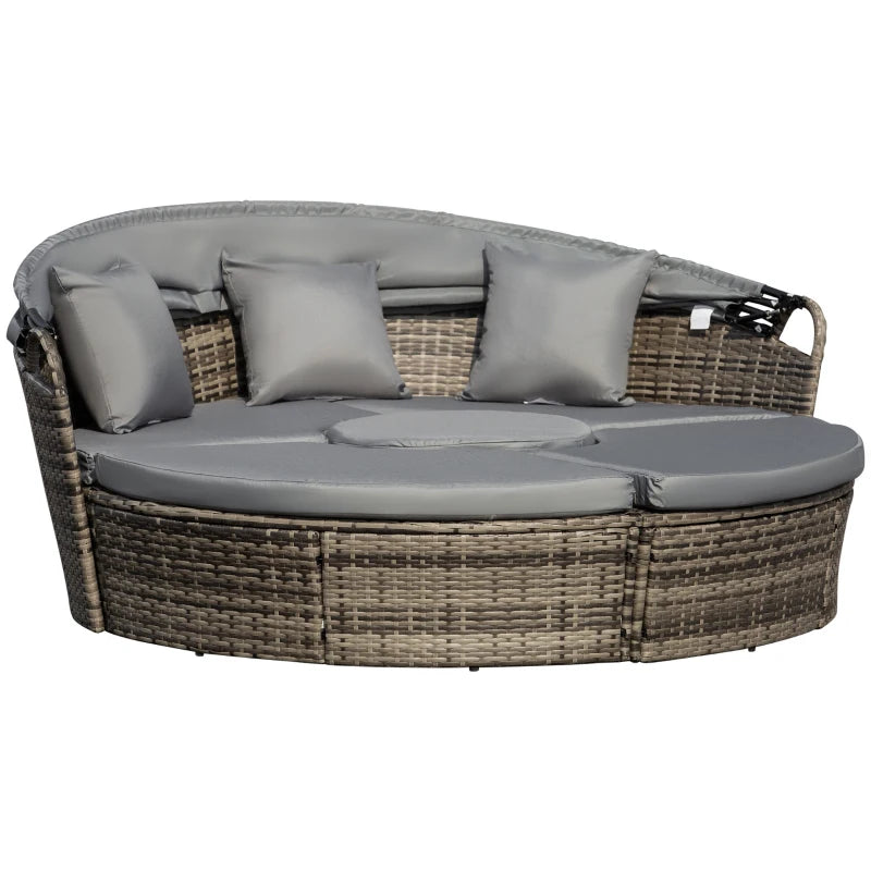 4-Piece Round Convertible Daybed with Cushions, Outdoor PE Rattan Patio Wicker Sofa Set, Sunbed with Adjustable Sun Canopy, Sectional Sofa, 2 Chairs, Table, 3 Pillows