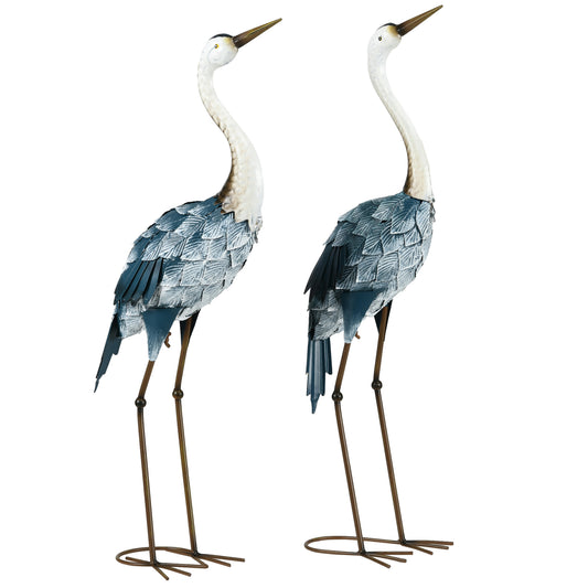 Crane Garden Statues, 28.5" & 29" Standing Bird Sculptures, Metal Yard Art Decor, Landscape Decoration Set of 2, Blue