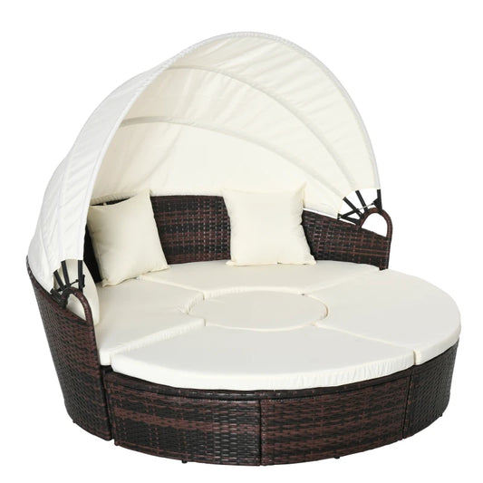 4-Piece Round Convertible Daybed with Cushions, Outdoor PE Rattan Patio Wicker Sofa Set, Sunbed with Adjustable Sun Canopy, Sectional Sofa, 2 Chairs, Table, 3 Pillows