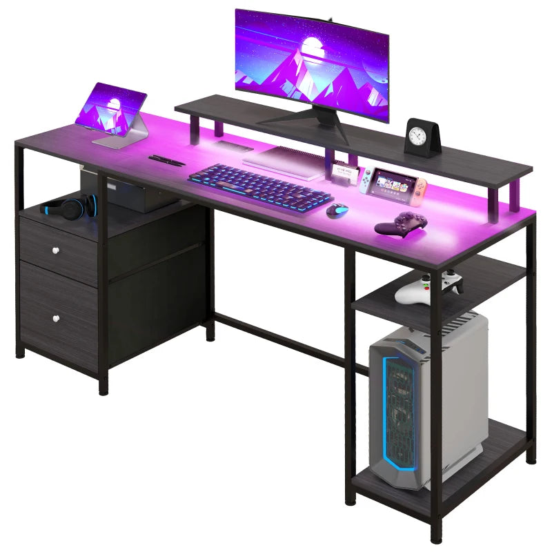 61" Computer Table with LED Lights, PC Desk with Power Outlets, USB Ports, Storage, Wireless Remote