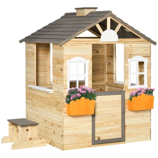 Wooden Playhouse for Kids Outdoor Garden Pretend Play Games, Adventures Cottage, with Working Door, Windows, Bench, Service Station, Flowers Pot Holder, for 3-7 Years Old