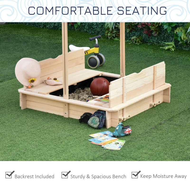 Covered Sandbox, Wooden，with Cover Adjustable Canopy, Detachable Seats and Backrests, Kids Sandbox with Convertible Bench Seat, Bottom Liner, Natural Blue