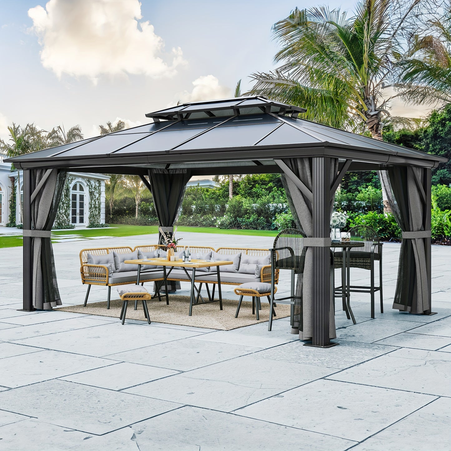 Hard-Top Gazebo with Netting & Curtains