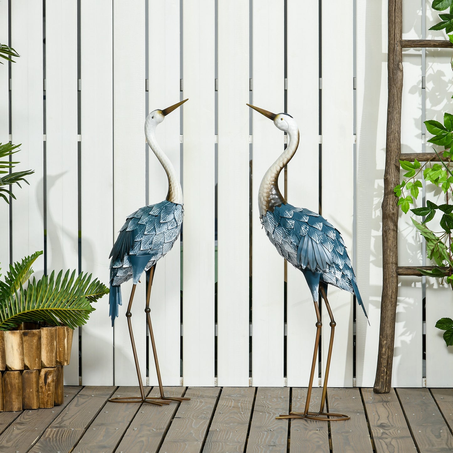 Crane Garden Statues, 28.5" & 29" Standing Bird Sculptures, Metal Yard Art Decor, Landscape Decoration Set of 2, Blue