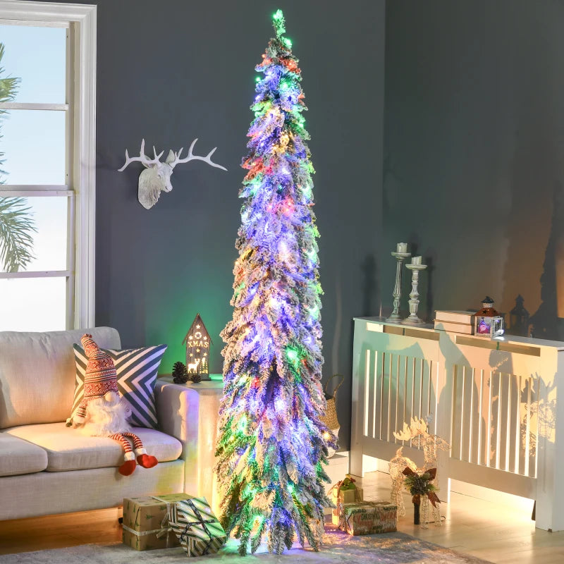 Artificial Slim Christmas Trees, with Snow Frosted Branches, Warm White or Colorful LED Lights, Downswept Shape