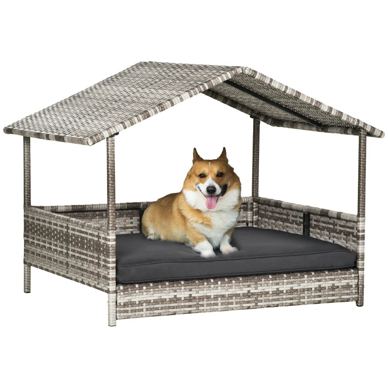 Wicker Dog House Outdoor with Canopy, Rattan Dog Bed with Water-resistant Cushion, Raised Dog Bed for Small, Medium Dogs up to 66 lbs, 19.75" in Length