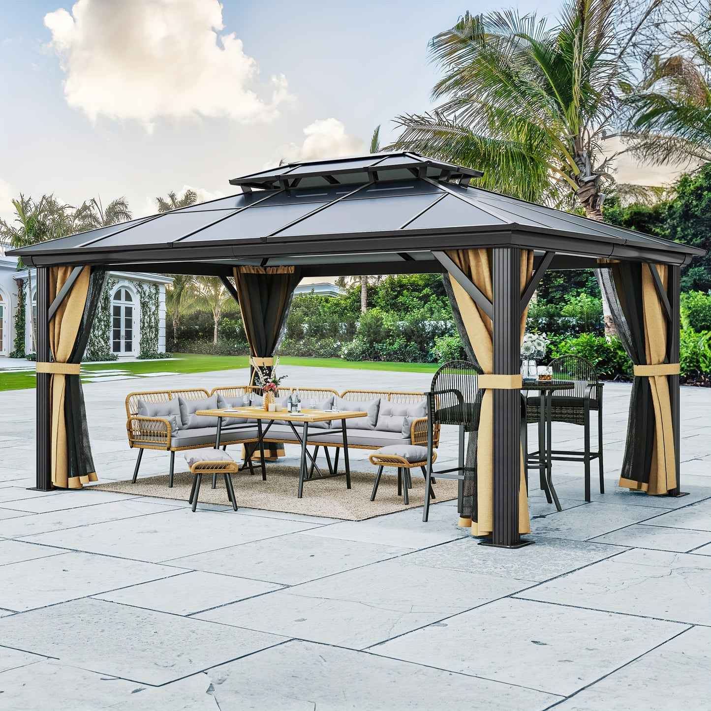 Hard Top Outdoor Gazebo with Netting and Curtains