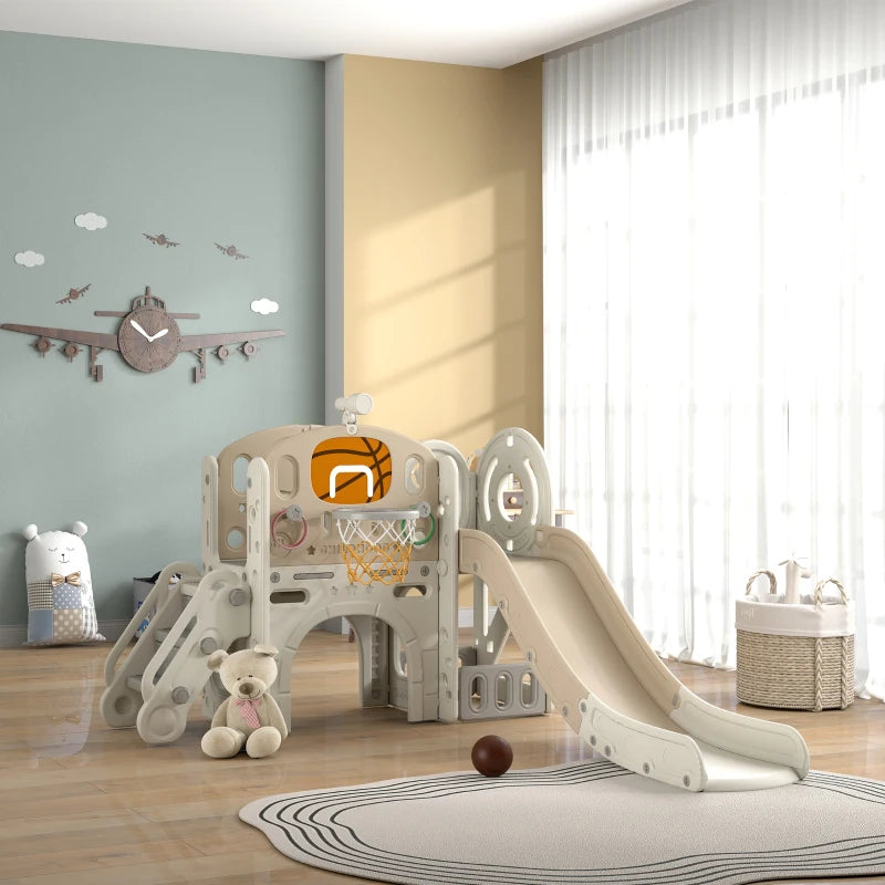 7-in-1 Toddler Slide, Kids Slide for Ages 1-6 Years w/ Ring Toss, Basketball Hoop, Telescope Climber, Storage Space