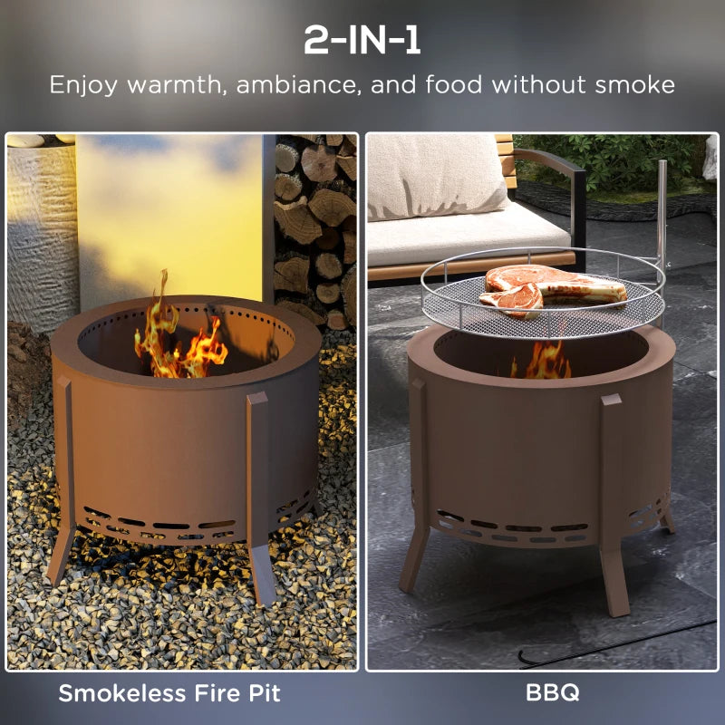 2-in-1 Smokeless Fire Pit BBQ Grill Portable Camping Bonfire Stove with Poker, Steel, Bronze