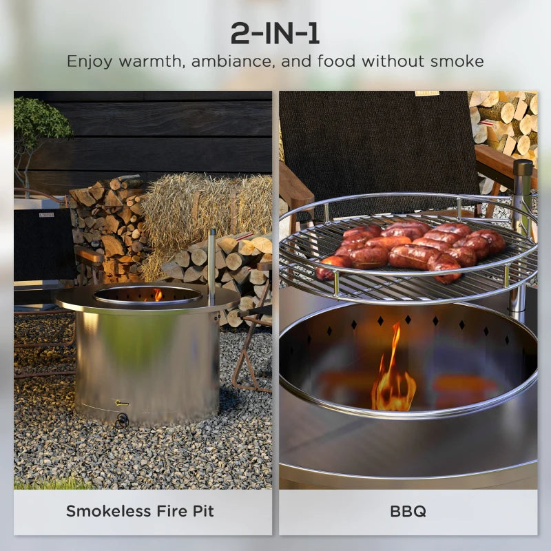 2-in-1 Smokeless Firepit, Stainless Steel Bonfire Stove with Poker and Ash Tray for Backyard, Patio, Picnic