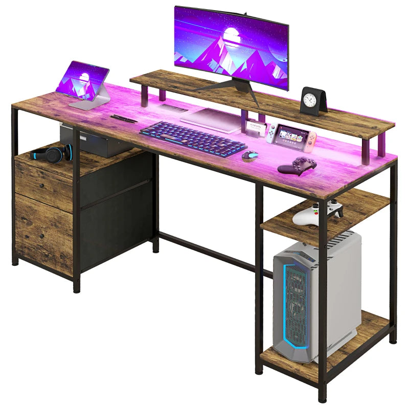 61" Computer Table with LED Lights, PC Desk with Power Outlets, USB Ports, Storage, Wireless Remote