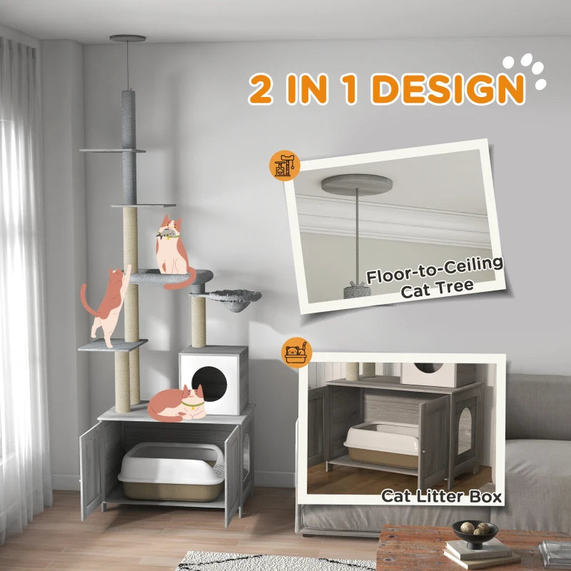 2 in 1 Floor to Ceiling Cat Tree with Litter Box Enclosure, Condo, Bed, Hammock, Scratching Posts, and Platforms,