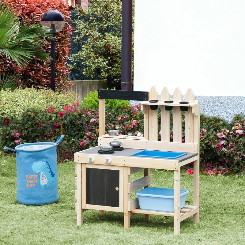 Outdoor Kitchen Play Set with Frying Pan, Pretend Play Mud Kitchen for Kids with Removable Sink, Wooden Kitchen Set for Ages 3-7, with Planting Pots, Shelf, Cabinets