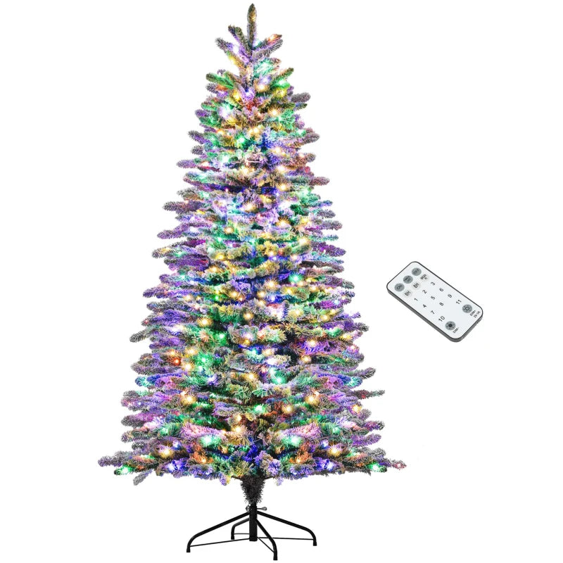 Snow Flocked Artificial Christmas Tree, Pre-Lit Christmas Tree with 500 LED Lights and 1264 Branch Tips, Green