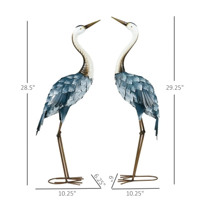 Crane Garden Statues, 28.5" & 29" Standing Bird Sculptures, Metal Yard Art Decor, Landscape Decoration Set of 2, Blue