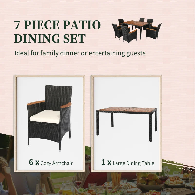 7 PCS Patio Dining Set Rattan Wicker Furniture Set with Acacia Wood Table Top, Armrest Chairs with Water-Proof Cushion, Cream White