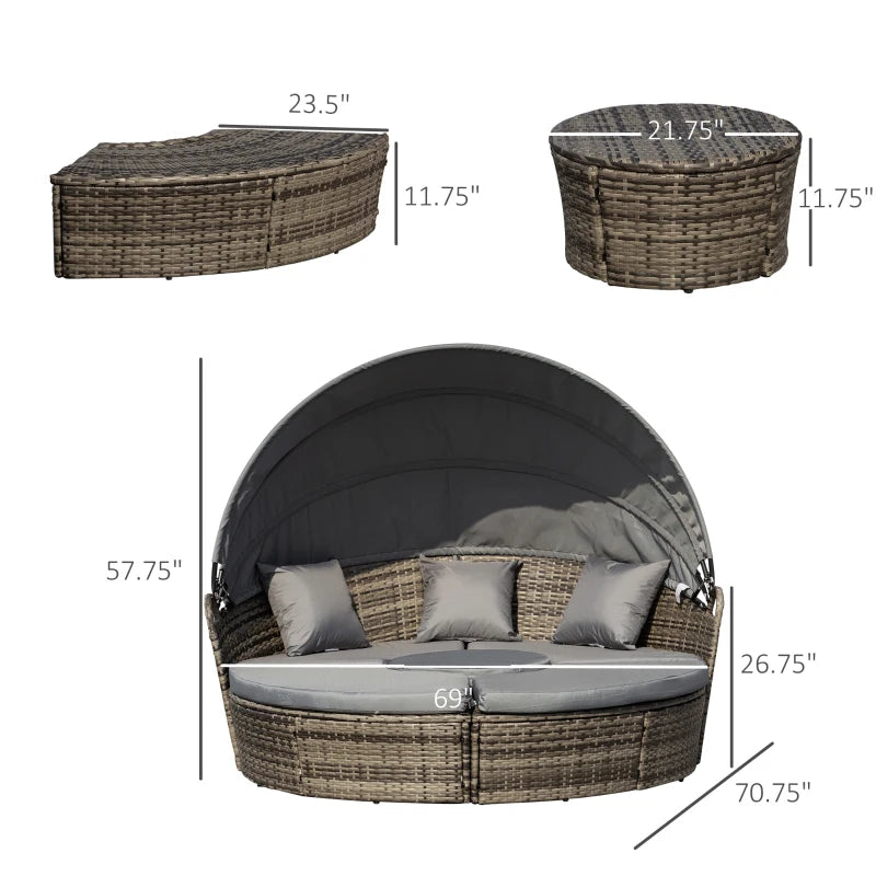 4-Piece Round Convertible Daybed with Cushions, Outdoor PE Rattan Patio Wicker Sofa Set, Sunbed with Adjustable Sun Canopy, Sectional Sofa, 2 Chairs, Table, 3 Pillows