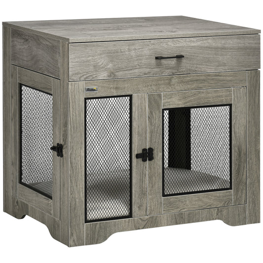 Dog Crate Furniture with Soft Water-Resistant Cushion, Dog Crate End Table with Drawer, Puppy Crate for Small Dogs Indoor with 2 Doors