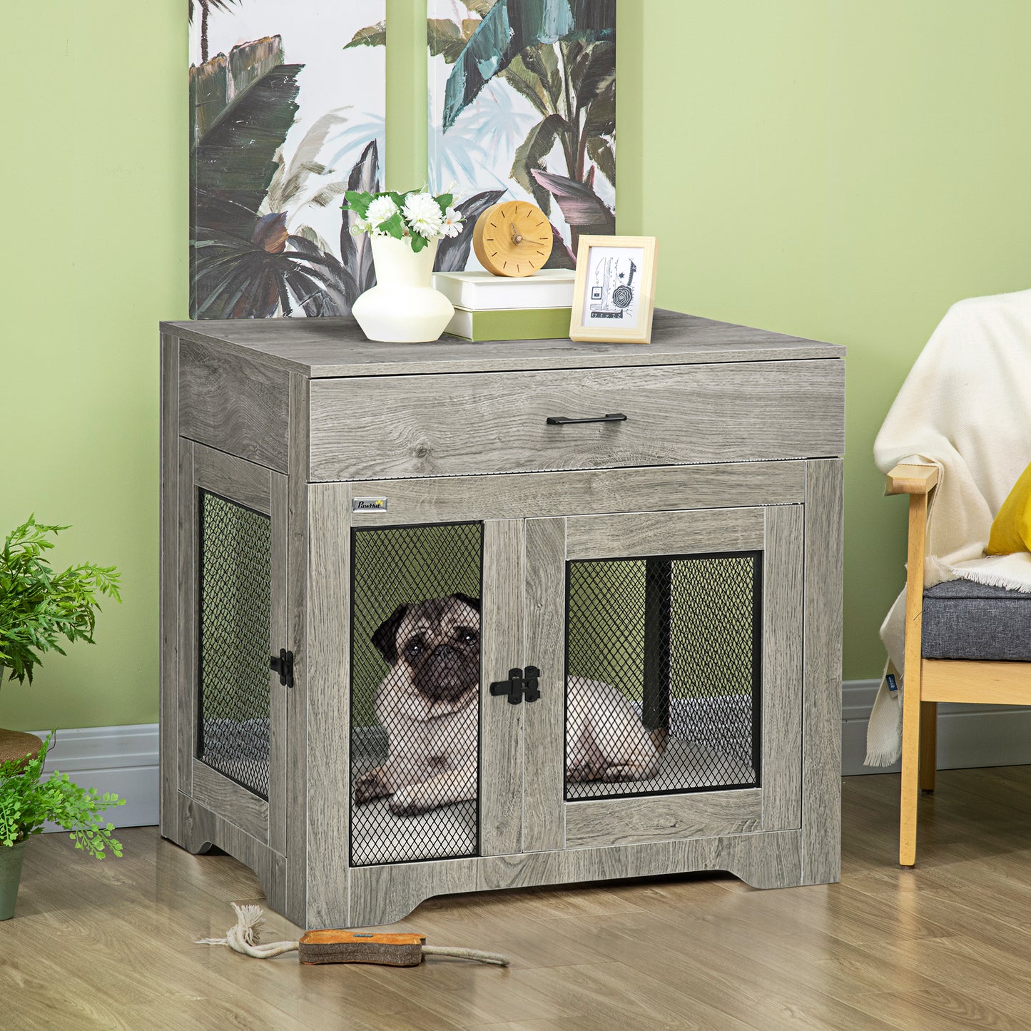 Dog Crate Furniture with Soft Water-Resistant Cushion, Dog Crate End Table with Drawer, Puppy Crate for Small Dogs Indoor with 2 Doors