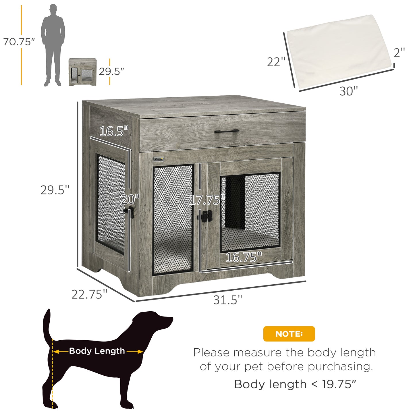 Dog Crate Furniture with Soft Water-Resistant Cushion, Dog Crate End Table with Drawer, Puppy Crate for Small Dogs Indoor with 2 Doors