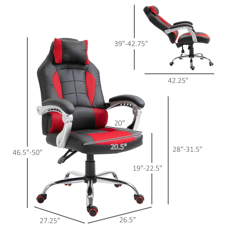 Racing Gamer Chair, High Back Faux Leather Gaming Chair with Headrest and Lumbar Support, Red