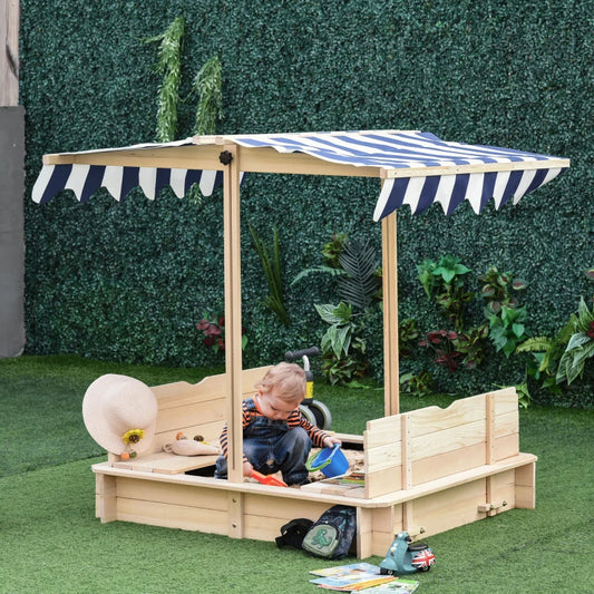 Covered Sandbox, Wooden，with Cover Adjustable Canopy, Detachable Seats and Backrests, Kids Sandbox with Convertible Bench Seat, Bottom Liner, Natural Blue