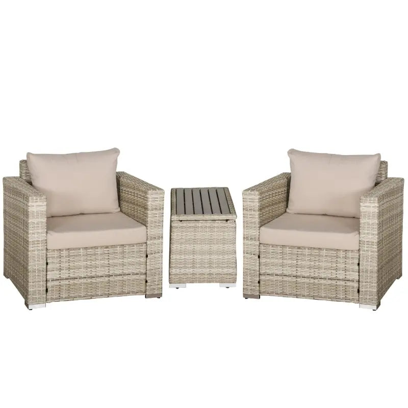 3 Piece Patio Furniture Set, PE Rattan Small Wicker Balcony Furniture, Table & Chairs with Cushions Composite Table, Conversation Set for Apartment, Gray