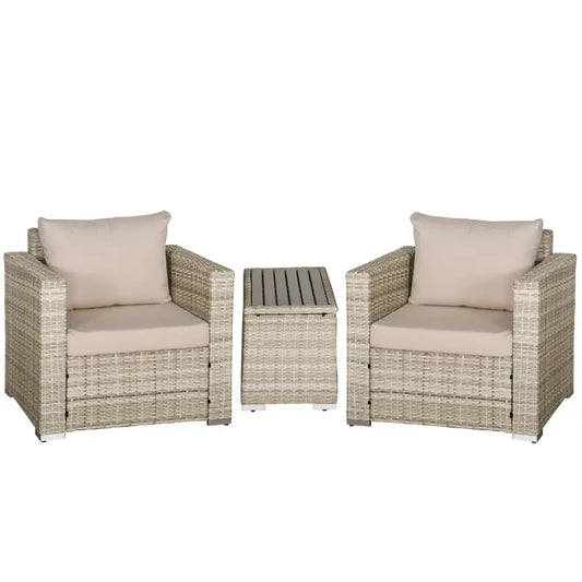 3 Piece Patio Furniture Set, PE Rattan Small Wicker Balcony Furniture, Table & Chairs with Cushions Composite Table, Conversation Set for Apartment, Gray