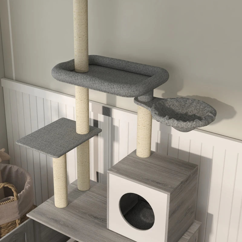 2 in 1 Floor to Ceiling Cat Tree with Litter Box Enclosure, Condo, Bed, Hammock, Scratching Posts, and Platforms,