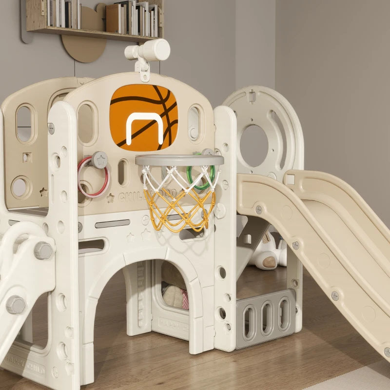 7-in-1 Toddler Slide, Kids Slide for Ages 1-6 Years w/ Ring Toss, Basketball Hoop, Telescope Climber, Storage Space