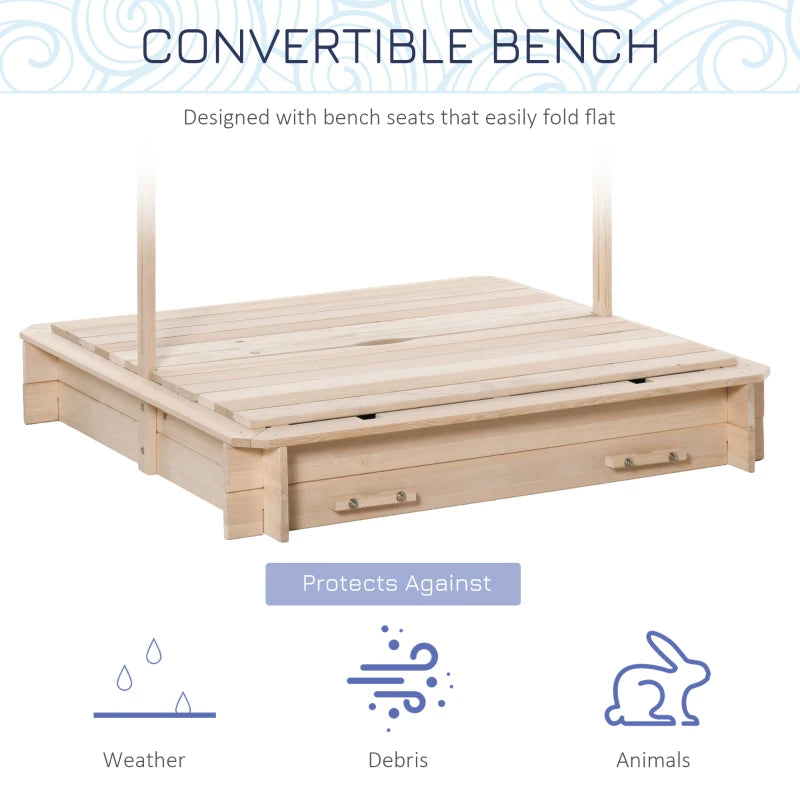 Covered Sandbox, Wooden，with Cover Adjustable Canopy, Detachable Seats and Backrests, Kids Sandbox with Convertible Bench Seat, Bottom Liner, Natural Blue