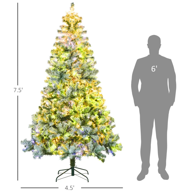 7.5' Artificial Snow Christmas Trees with Frosted Branches, Warm White or Colorful LED Lights, Steel Base