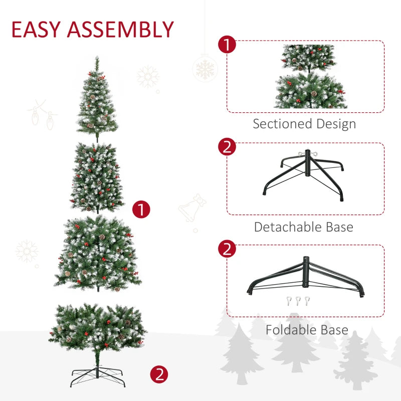 Pre-Lit Snow-Dipped Artificial Christmas Tree with Realistic Branches, 460 LED Lights, Pine Cones, Red Berries and 1298 Tips