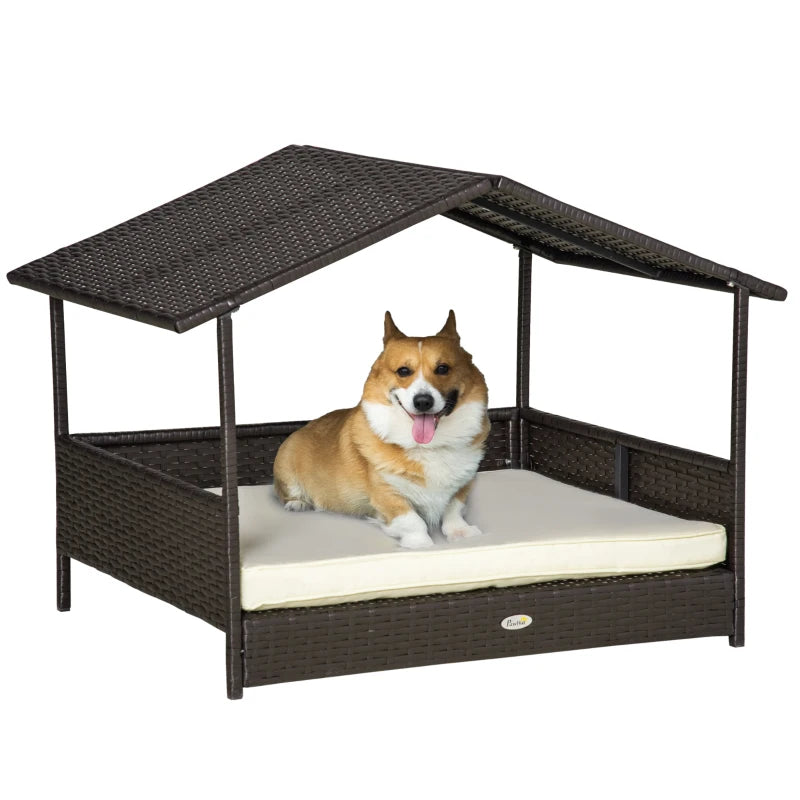 Wicker Dog House Outdoor with Canopy, Rattan Dog Bed with Water-resistant Cushion, Raised Dog Bed for Small, Medium Dogs up to 66 lbs, 19.75" in Length