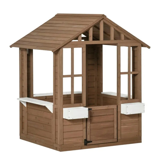 Kids Wooden Playhouse, Outdoor Garden Games Cottage, with Working Door, Windows, Flowers Pot Holder, 47" x 38" x 54"